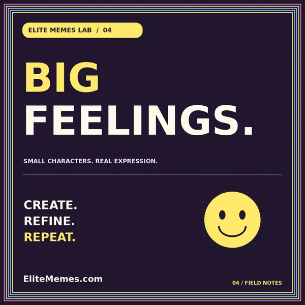 Neon BIG FEELINGS. typography card with an original face illustration and EliteMemes.com pinstripe frame.