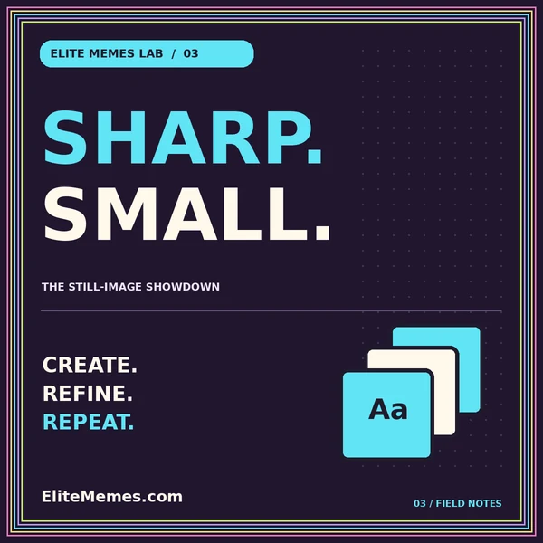 Neon SHARP. SMALL. typography card with an original layers illustration and EliteMemes.com pinstripe frame.