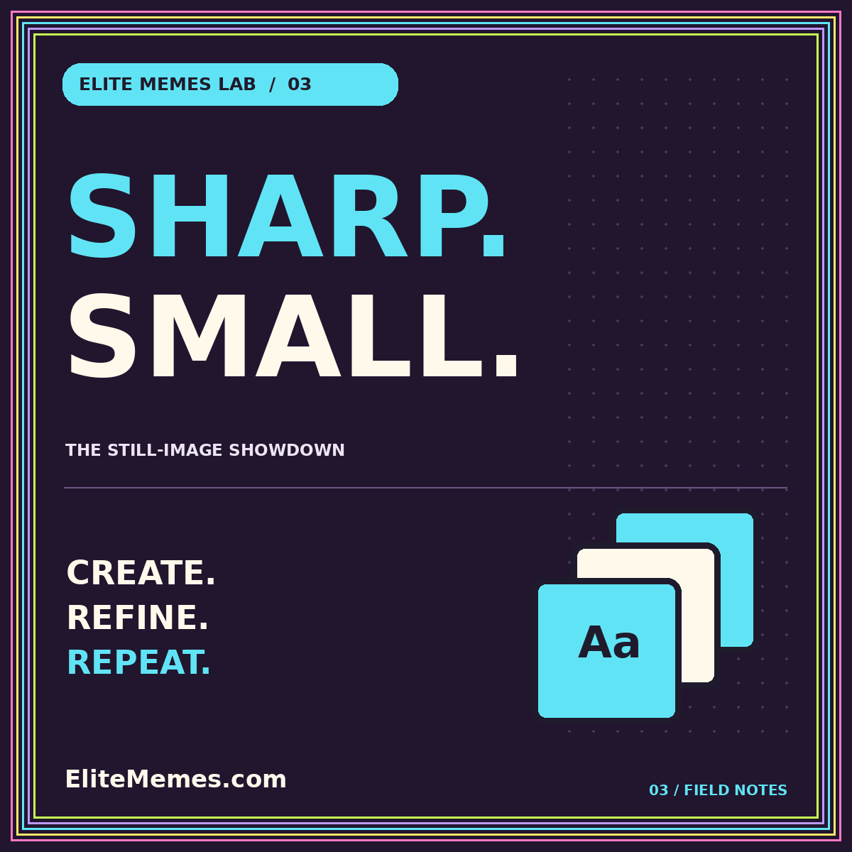 Neon SHARP. SMALL. typography card with an original layers illustration and EliteMemes.com pinstripe frame.