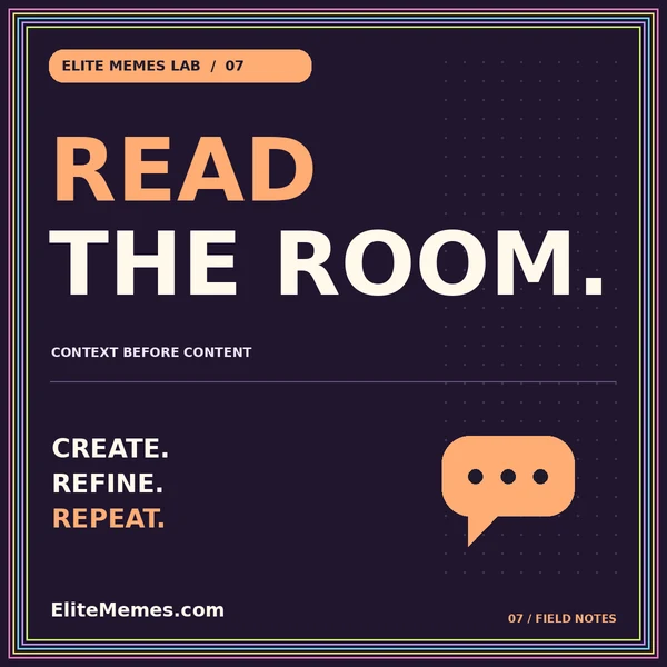 Neon READ THE ROOM. typography card with an original chat illustration and EliteMemes.com pinstripe frame.