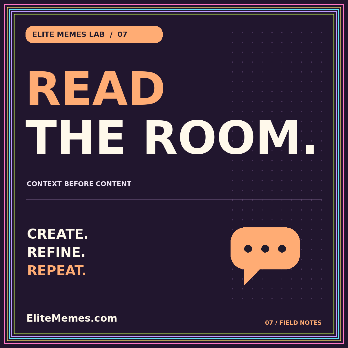 Neon READ THE ROOM. typography card with an original chat illustration and EliteMemes.com pinstripe frame.