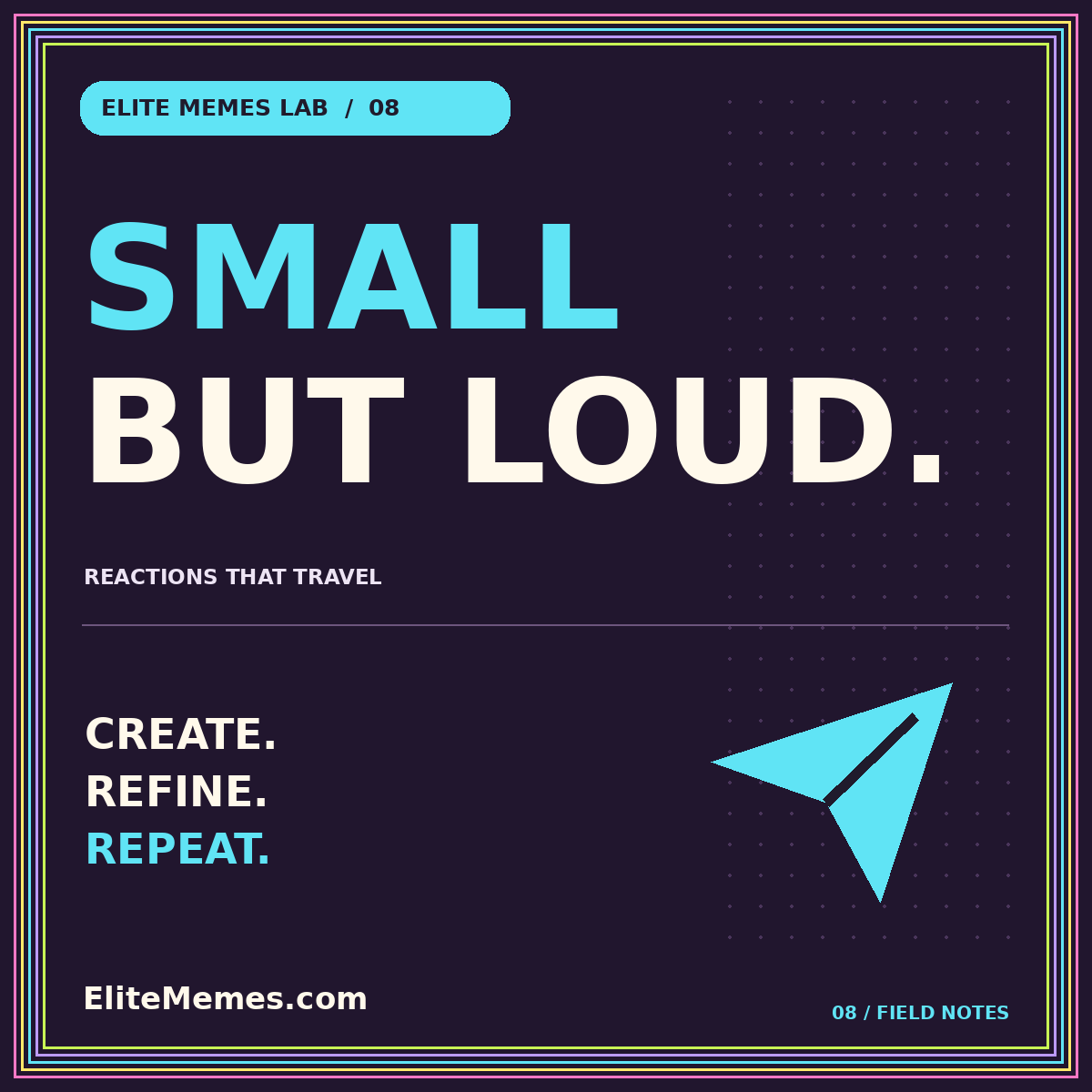 Neon SMALL BUT LOUD. typography card with an original plane illustration and EliteMemes.com pinstripe frame.